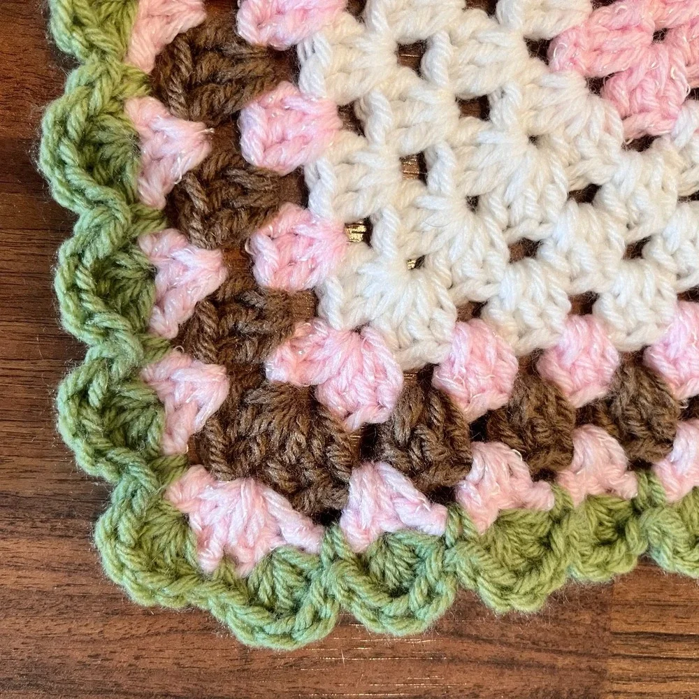 Handmade Crocheted Baby Blanket Bunny White Pink Green Colorful Soft